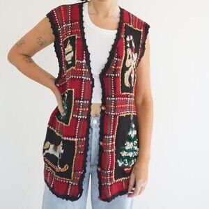 Vintage Maggie Lawrence Red Knit Holiday Motif Cotton Bow Boho Sweater Vest M